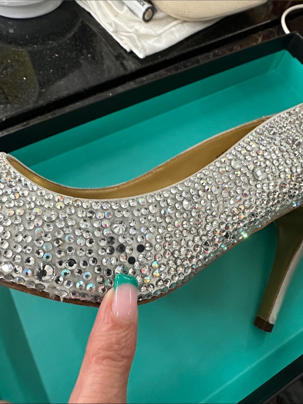 Benjamin Adam’s Silver silk / Crystal Peep-Toe Heels - - Picture 14 of 14